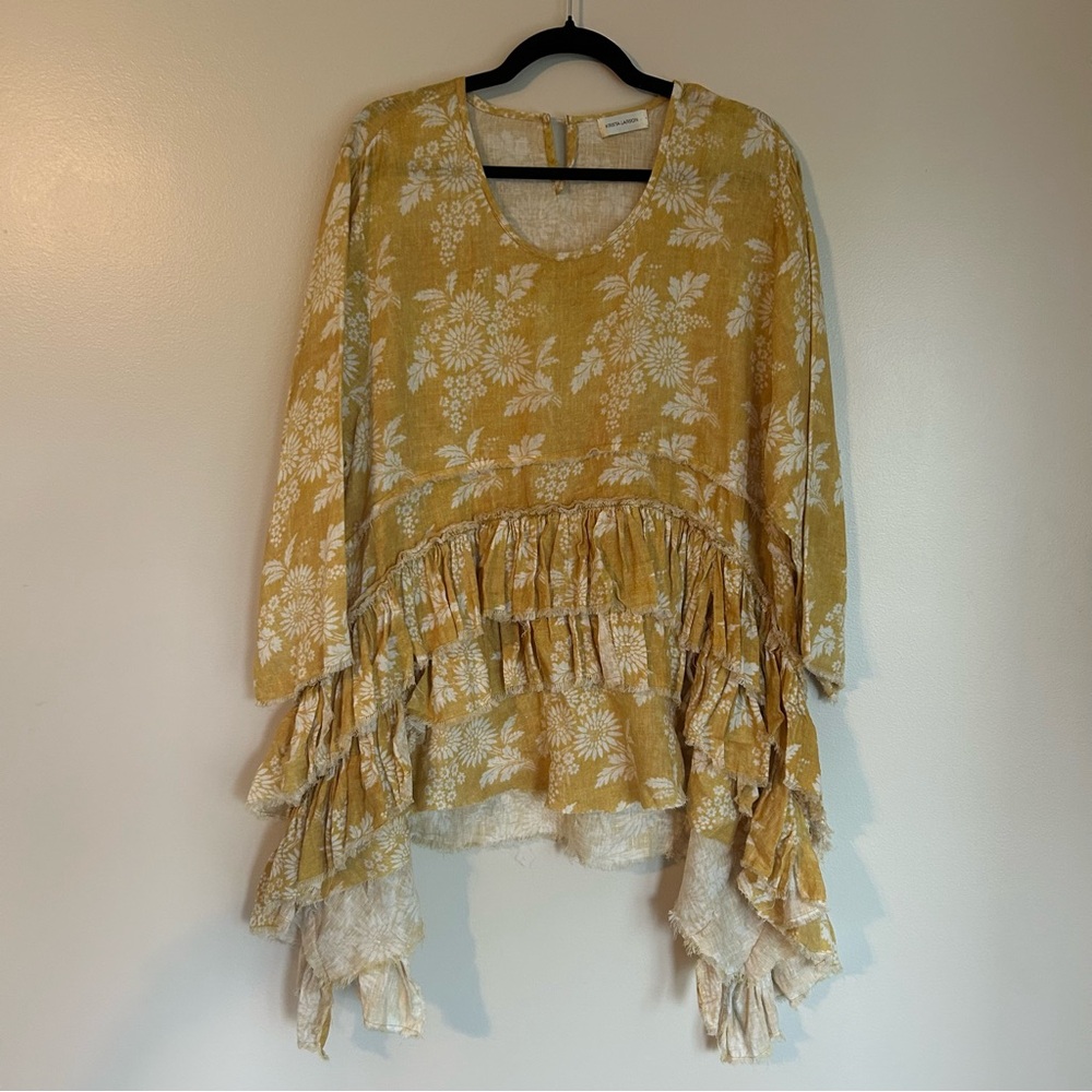 Krista Larson Designs long sleeve ruffle Shirt one size yellow floral